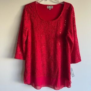 Red Long Tunic Top Size Large New with Tags Lace and Sparkly Sequins overlay
